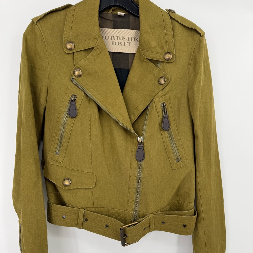 Burberry Brit Olive Green Linen Moto Biker Leather Jacket Size US6 MSRP $1250 - Picture 11 of 15